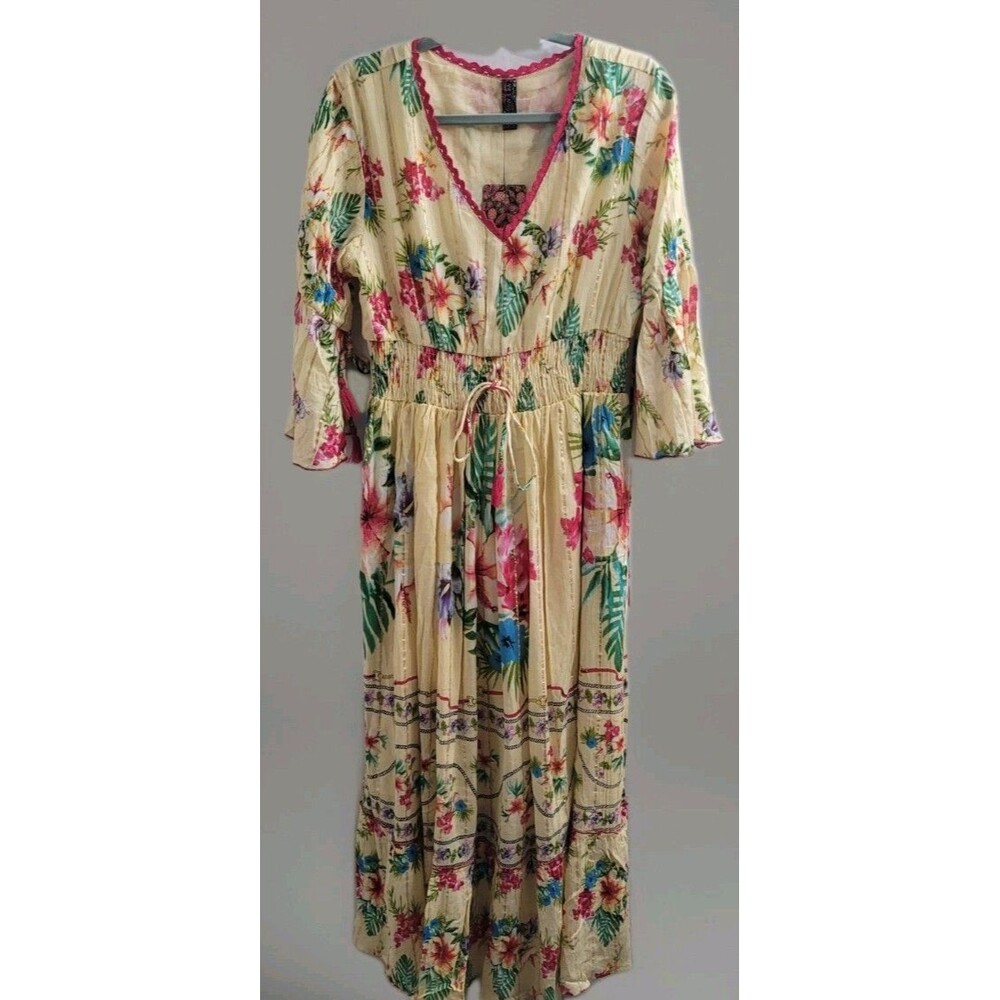 NWT Me 2 Magic Anthropologie Lg Maxi Dress Yellow Multi Floral Boho Peasant